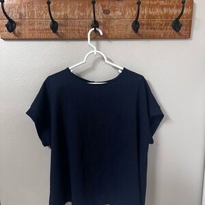 (4 for $20 Bundle✅) Navy Blue Cuffed Sleeve Linen Blend Blouse